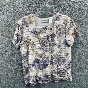 Alfred Dunner Women Top Small Petite White‎ Purple Floral Ruffle Pullover Shirt